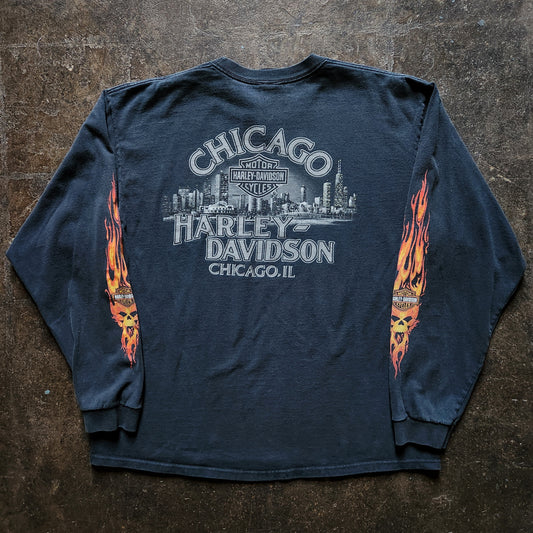 Harley Davidson Long Sleeve Flames Chicago Illinois Tee