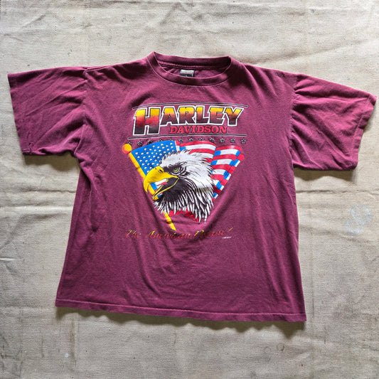 Vtg 90s Harley Davidson Eagle USA Flag Maroon Tee Large