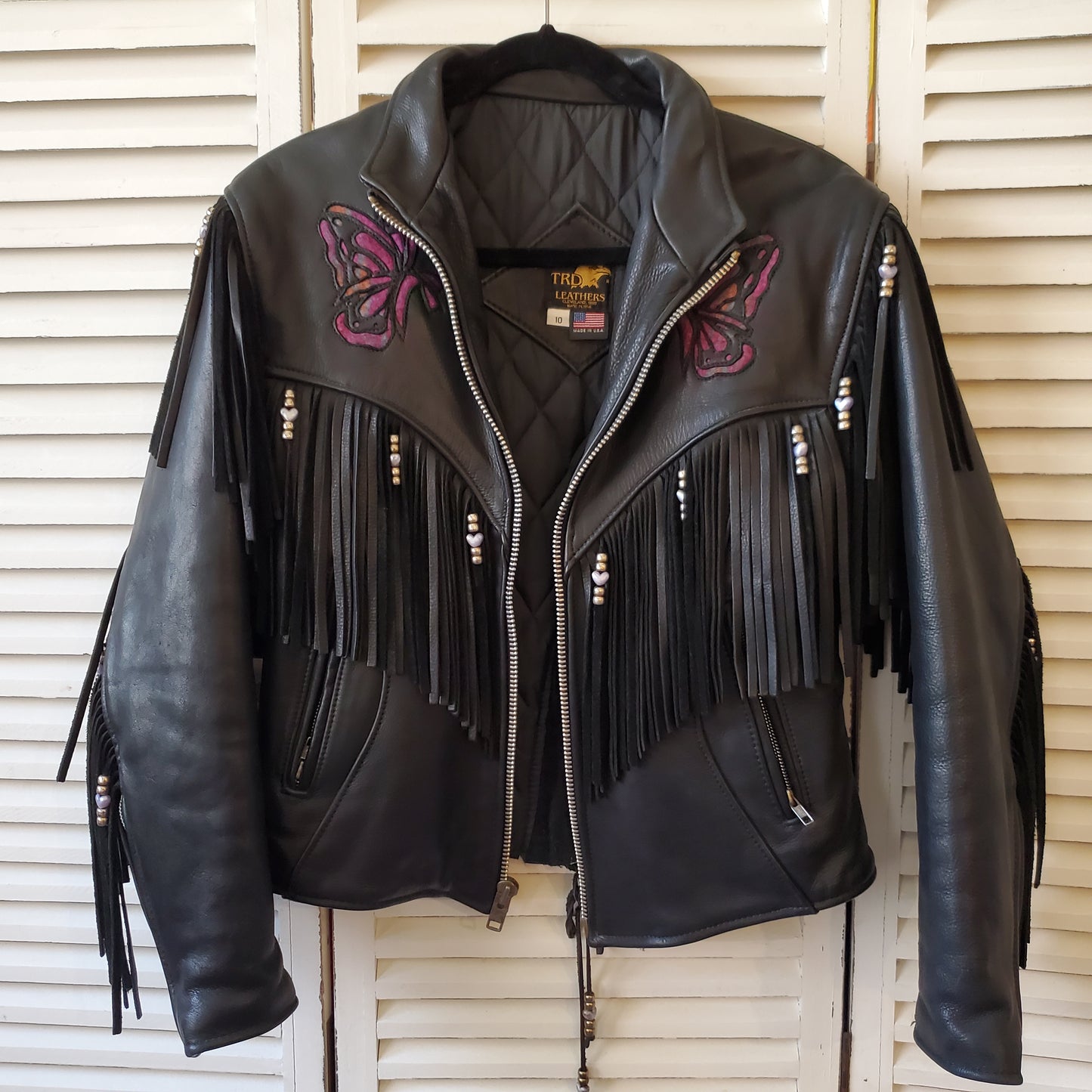 Vtg TRD Leather Tassel Butterfly Biker Jacket Womens 10