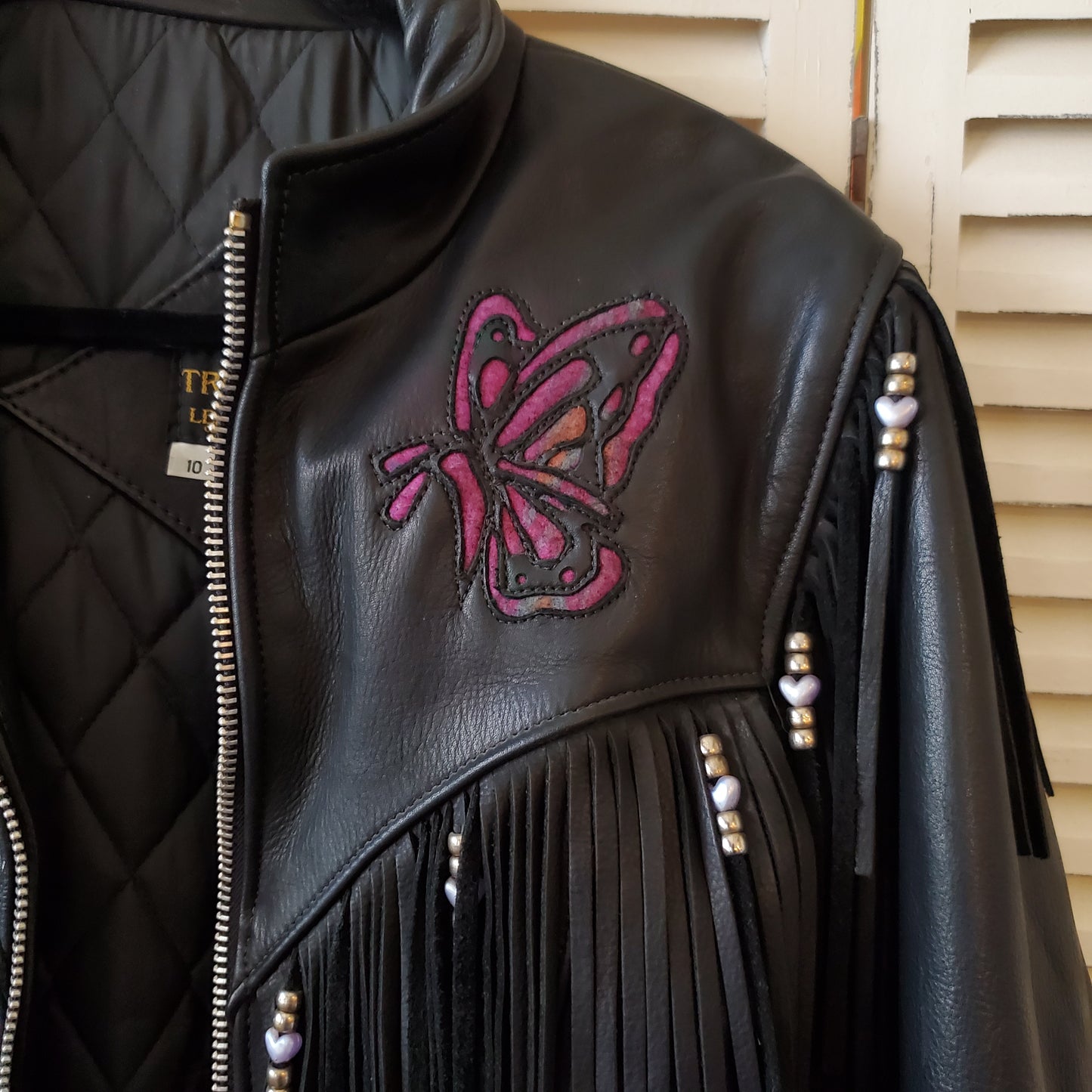 Vtg TRD Leather Tassel Butterfly Biker Jacket Womens 10