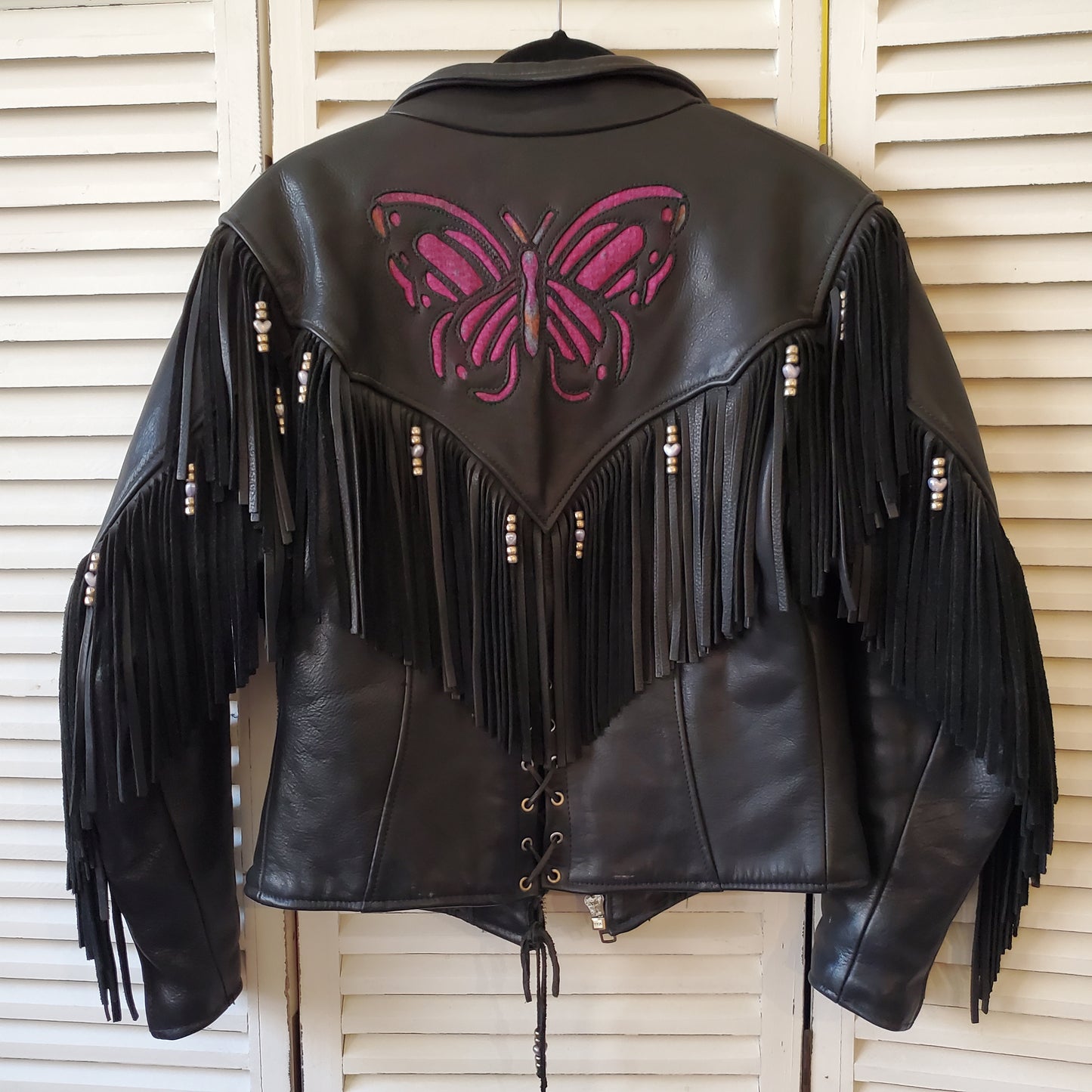 Vtg TRD Leather Tassel Butterfly Biker Jacket Womens 10