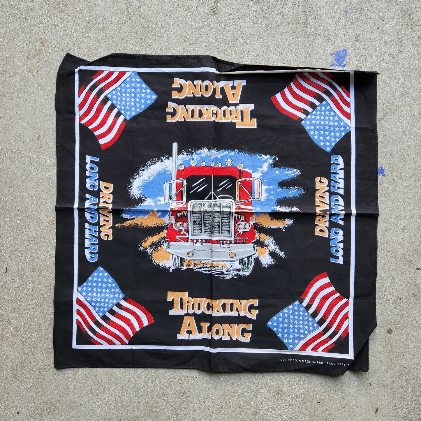 Vtg Trucking Along Semi Bandana Driving Long And Hard USA Flag Truck Biker