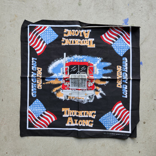 Vtg Trucking Along Semi Bandana Driving Long And Hard USA Flag Truck Biker