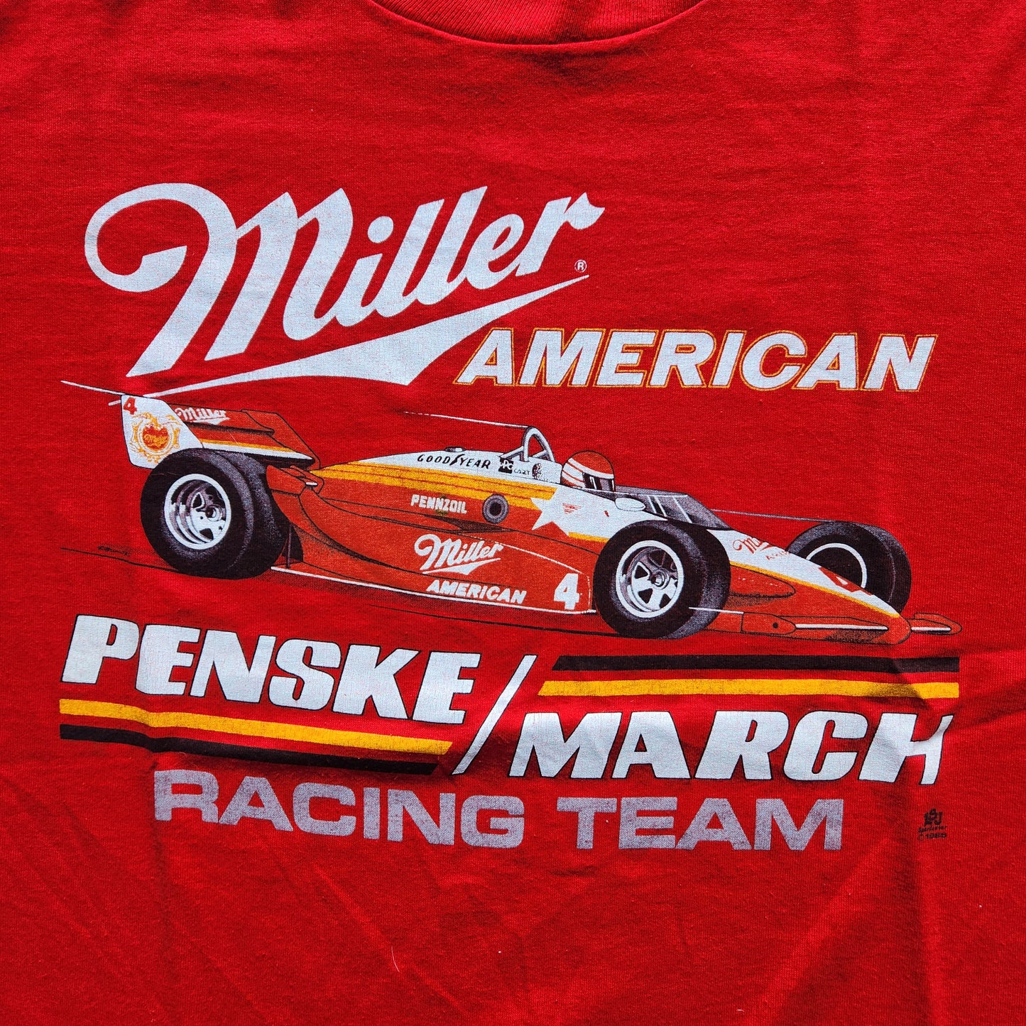 1985 Miller American Penske March Racing Team 80s Danny Sullivan Adult Large Tee Shirt