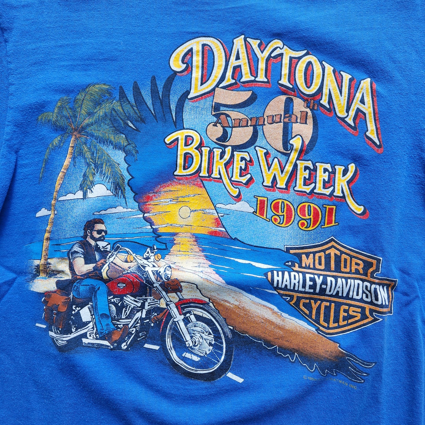 Vtg 1991 Harley Davidson Daytona Week Biker Tee Adult Medium 90s Blue Shirt