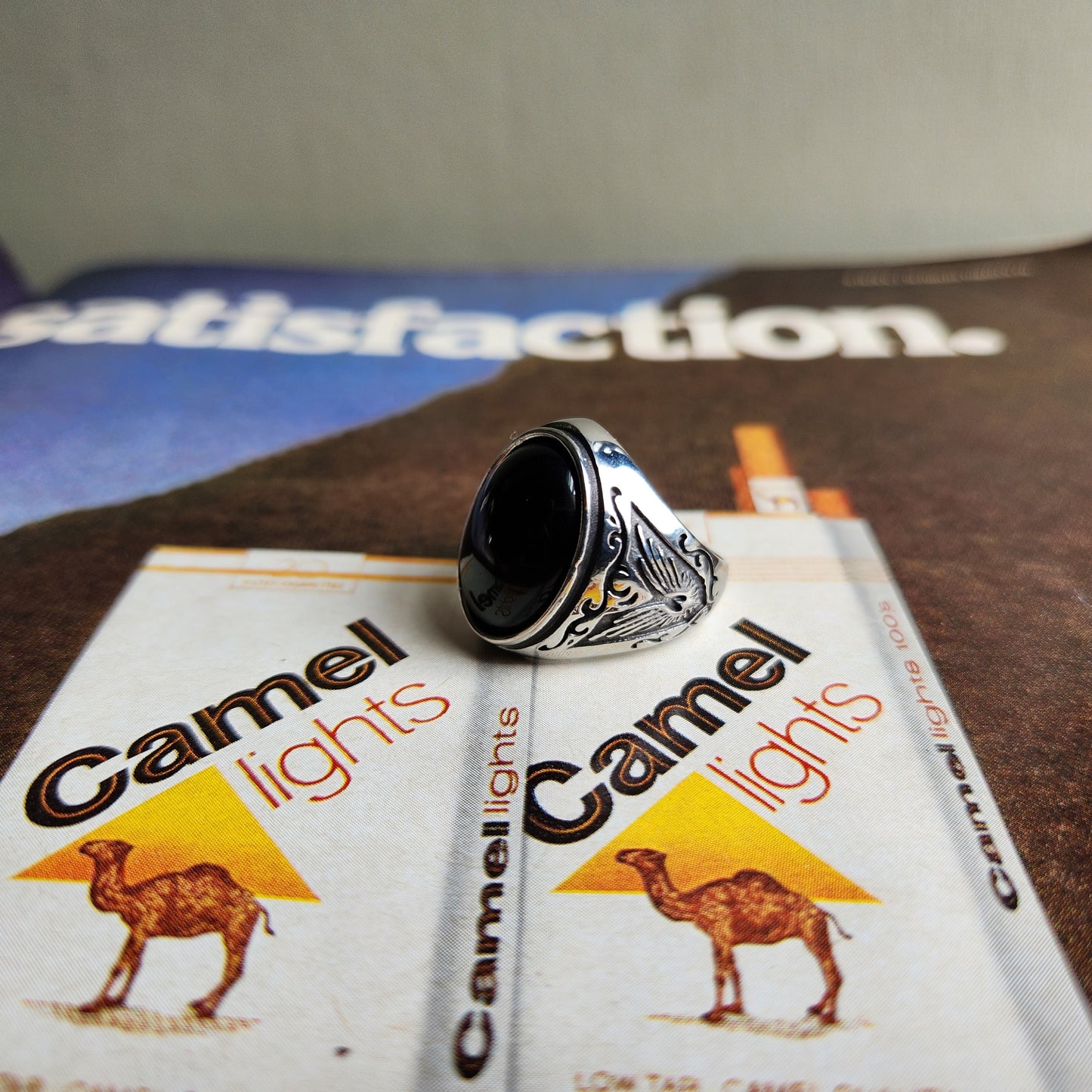 Stainless Steel Engraved Ring Black Stone