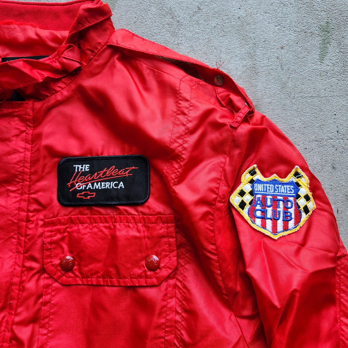 Vtg 1980s Chevy Daytona United States Auto Club King Louie Jacket Large Racing Red